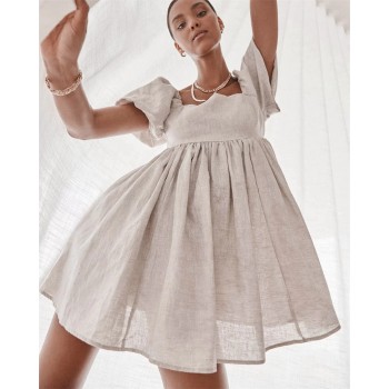 Vintage Lantern Sleeve Hemp A-line Party Dress Short Sleeve Square Collar Solid Casual Mini Dress